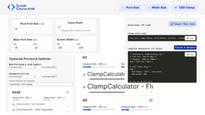screenshot of the clampcalculator website with font-size calculation features for fluid typography taken on 2025 april 03