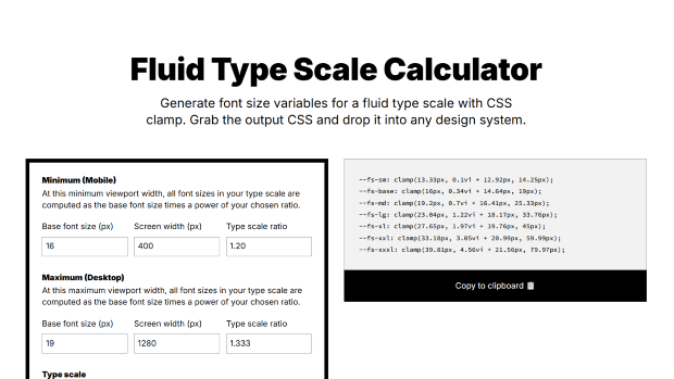screenshot of the fluid-type-scale website with features for fluid typography taken on 2025 april 03
